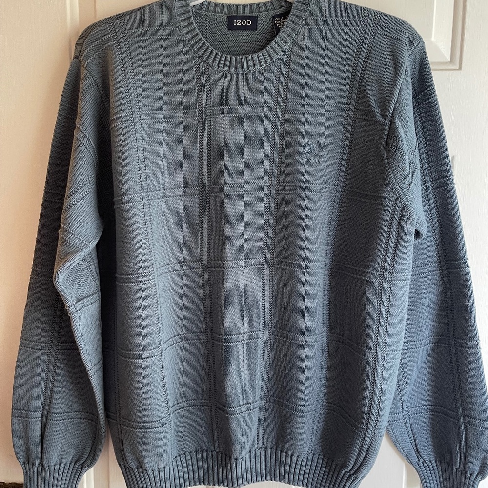 Izod Men’s Cotton Crewneck Windowpane Knit Sweater Blue  XL